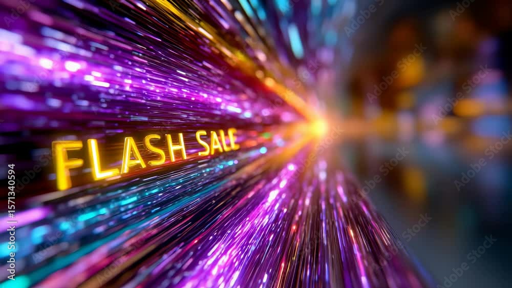 An energetic motion background with glowing 'Flash Sale' text rushing through a vibrant data tunnel, a dynamic visual for e-commerce, Black Friday, and digital marketing promotions.