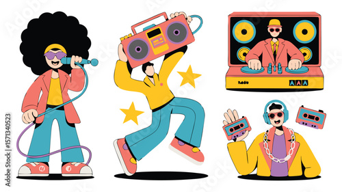 Retro Cartoon Illustration Singer, Boombox Dancer, DJ with Turntable, Cassette Tape Enthusiast