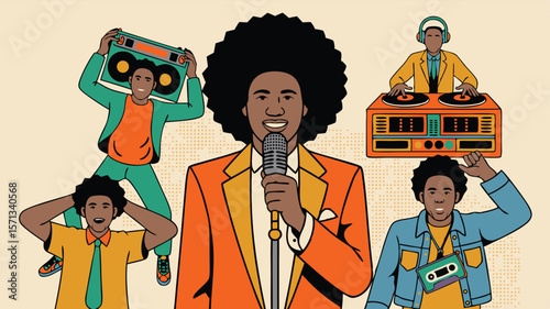 Retro Cartoon Illustration Afro Singer, DJ, Boombox Carrier, and Cassette Player Fan