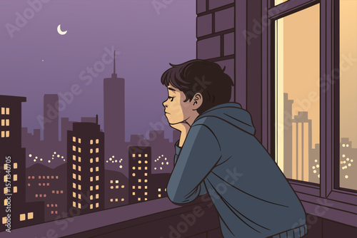 Vector boy, young, leaning on windowsill, observing city lights at night; buildings, urban scene.