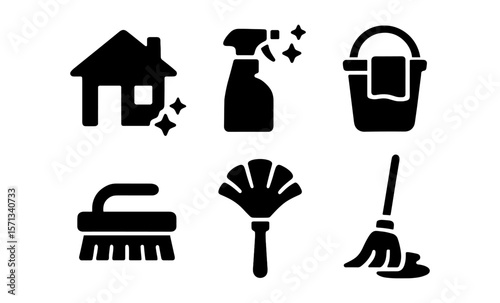 Cleaning icons set: house, spray, bucket, brush, feather duster, mop