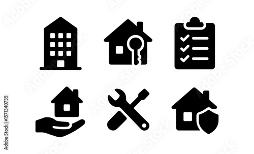Real estate and home maintenance icons: housing, security, rental, and repair symbols