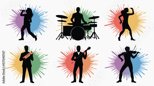 Musical Performers Silhouettes with Instruments and Colorful Splatter Backgrounds, Variety of Musicians