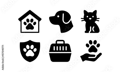 Pet care symbols: dog house, cat, carrier, and paw icons for animal services