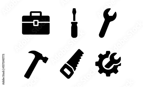 Essential tool icons: toolbox, hammer, saw, screwdriver, wrench, gear for repair and maintenance