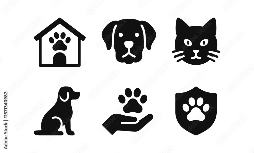 Fototapeta premium Pet icon set featuring dog, cat, house, paw print, hand, and shield symbols