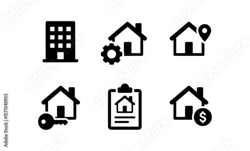 Real estate icons: building, home location, property management, housing contract, key ownership, financial investment