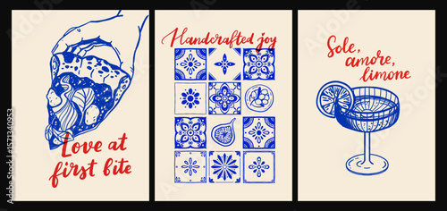 Italian cuisine and sea inspired poster set with pasta, seafood, wine, lemons, shells, herbs and decorative blue tiles in flat cartoon vector style, Mediterranean kitchen wall art prints