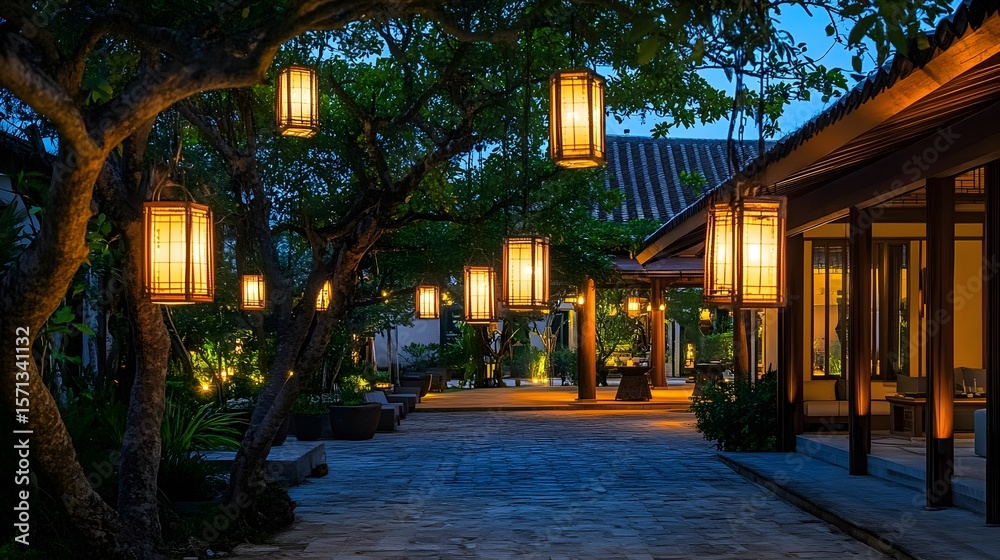 Fototapeta premium Tranquil outdoor pathway at twilight, illuminated by lanterns.