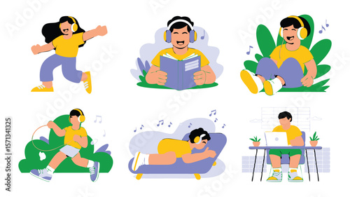 Illustrated People Wearing Headphones Listening to Music, Reading, Working, Relaxing, and Staying Active