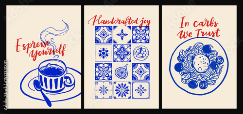 Italian cuisine and sea inspired poster set with pasta, seafood, wine, lemons, shells, herbs and decorative blue tiles in flat cartoon vector style, Mediterranean kitchen wall art prints