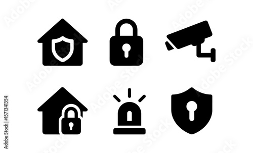 Home security icons: house, lock, camera, alarm symbols for safety and protection