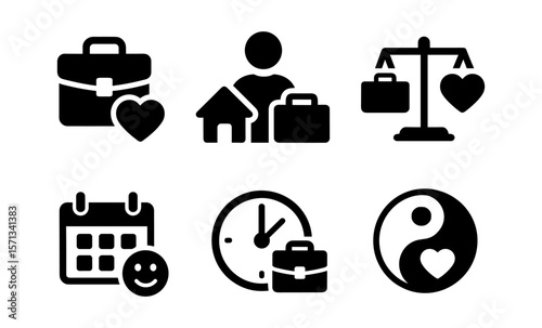 Balancing work and life icons: career, family, health, harmony, time management symbols