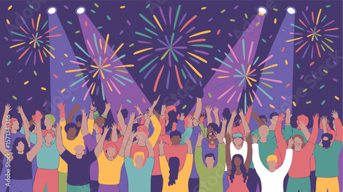 Illustrated Crowd with Raised Hands Cheering under Fireworks and Stage Lights, Celebratory Party