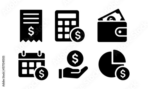 Financial icons set: receipt, calculator, wallet, calendar, hand, pie chart
