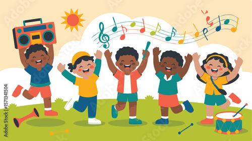 Happy Children with Music Notes, Boombox, Drum, and Horns Playing on the Grass