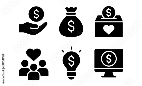 Black icons: money, charity, and financial innovation symbols for digital use