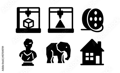 Silhouette icons of 3d printing, film, art, elephant, and house on white background