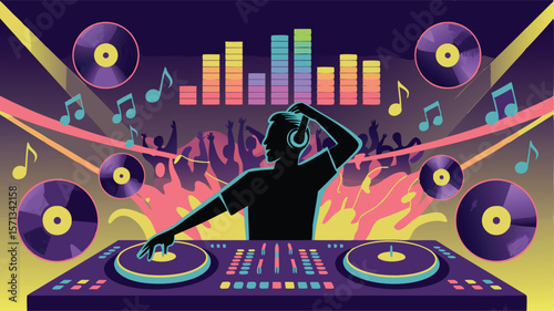 DJ Mixing Music at a Vibrant Party with Colorful Lights, Crowd, and Vinyl Records