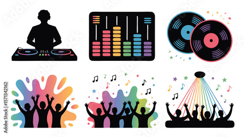 DJ Mixing Music with Colorful Crowd and Sound Board Elements Composition Design