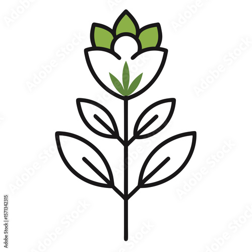 tree with leaves, heath flower line art on white background