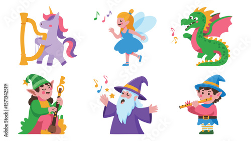 Cute Cartoon Characters Playing Music Unicorn with Harp, Fairy Singing, Dragon, Elf, Wizard, and Piper