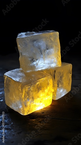 Stacked ice cubes illuminated by inner light.