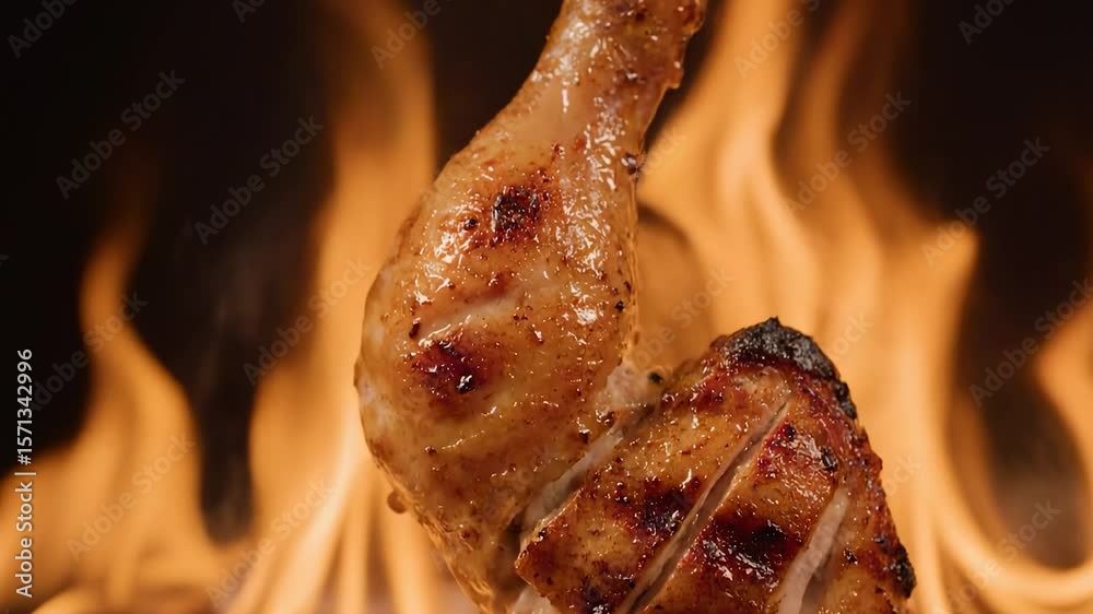 Grilled chicken drumstick with crispy skin, glistening with marinade, is being cooked over an open flame, showcasing the delicious grilling process and vibrant fire background