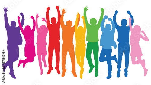 Colorful Silhouettes of People Jumping with Raised Arms in Celebration, Isolated on White Background