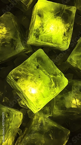 Close-up view of many vibrant lime-colored ice cubes.