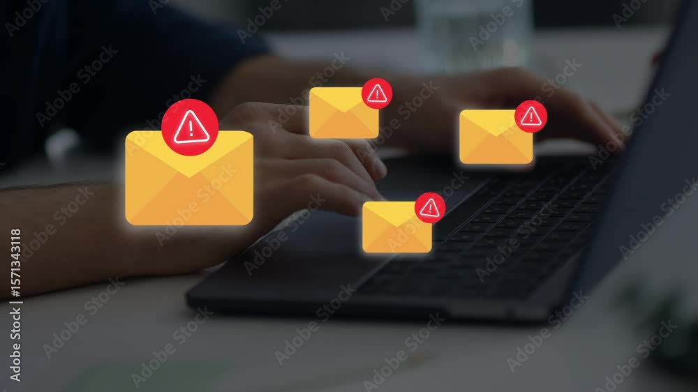 Suspect emails alert spam virus message caution sign for notification on internet threat security. Harmful, junk mail and Trash, Spam email pop up warning.