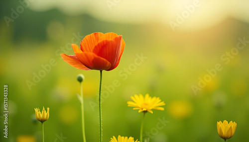 Vibrant Red Poppy in a Green Field at Sunset