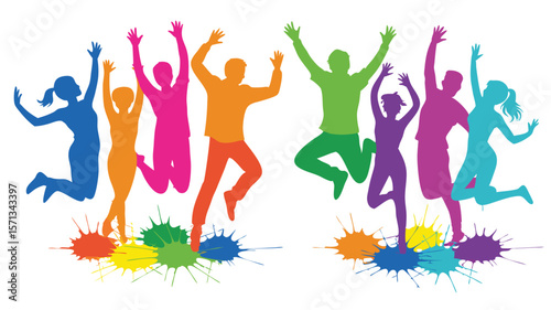 Colorful Silhouettes of Happy People Jumping with Joy Above Paint Splashes on White