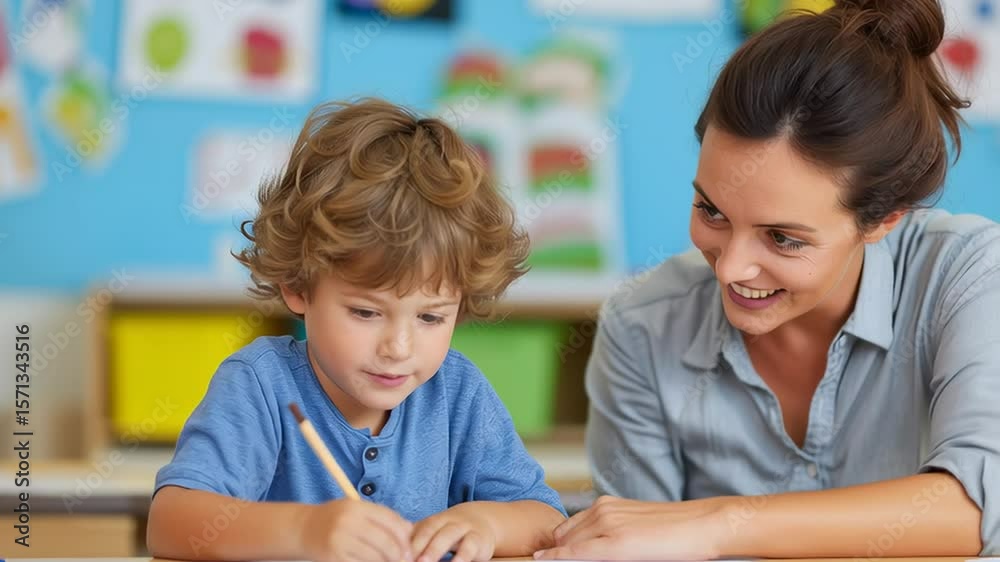 Smiling preschool teacher helps a curly-haired boy with his writing activity in a colorful classroom filled with learning materials and cheerful decorations.