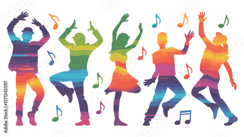 Colorful Silhouettes Dancing to Music Notes Illustration of Party People Having Fun