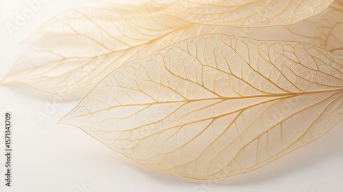 Beige transparent leaves that are delicate and have intricate veins and a natural texture are softly lit, as are other beige transparent leaves with a natural texture, alongside abstract beige leaves