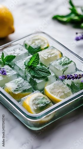 Freshly made ice cubes with lemon and mint.