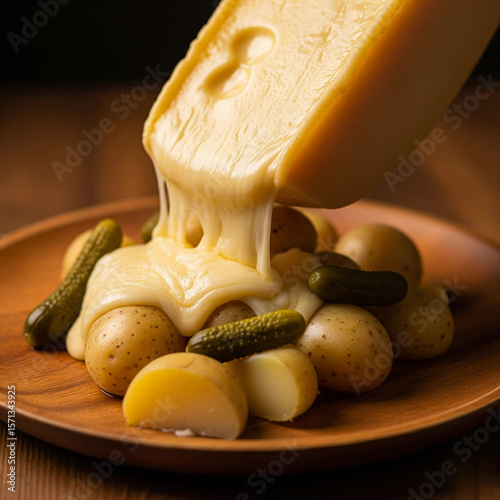 Warm, melted raclette cheese gracefully flowing over potatoes and pickles, a delicious and inviting Swiss culinary tradition.