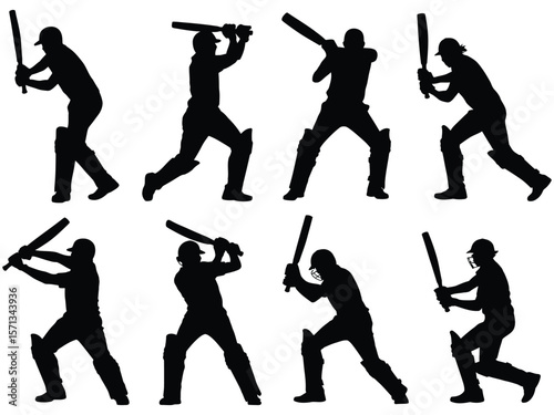 A set of black silhouettes of cricket players in various playing positions against a white background
