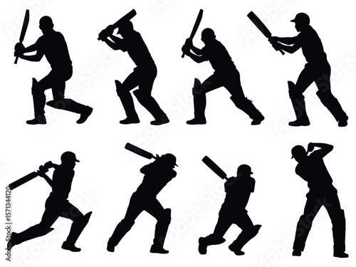 A set of black silhouettes of cricket players in various playing positions against a white background
