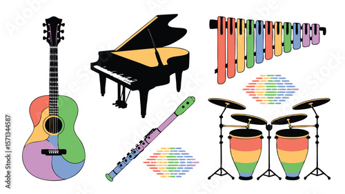 Colorful Music Instrument Set Acoustic Guitar, Grand Piano, Xylophone, Flute, and Conga Drums Illustration