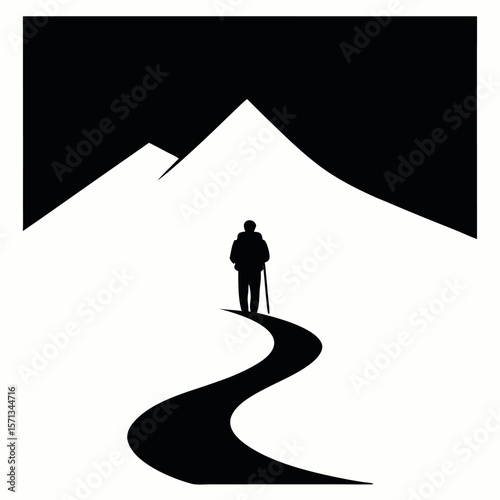 Silhouette of a hiker on a winding path towards mountains isolated on white background