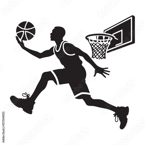 Elite Basketball Players silhouette, Player dunks basketball in mid-air silhouette