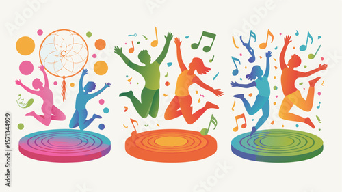 Colorful Jumping Figures on Discs with Music Notes and Dreamcatcher Illustration Art