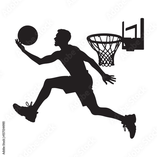 Elite Basketball Players silhouette, Player dunks basketball in mid-air silhouette