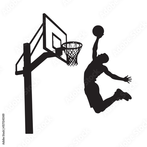 Elite Basketball Players silhouette, Player dunks basketball in mid-air silhouette