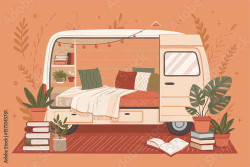 Vector camper van interior view, cozy bed, books, travel adventure, reading, relaxation.
