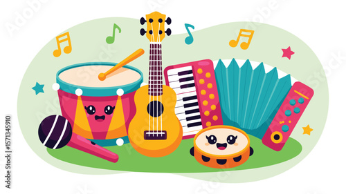 Colorful Cartoon Music Instruments Ukulele, Drum, Accordion, Microphone, Tambourine with Musical Notes and Stars