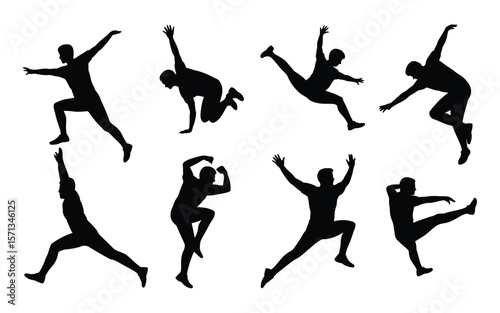 A set of black silhouettes of people performing various dynamic athletic movement