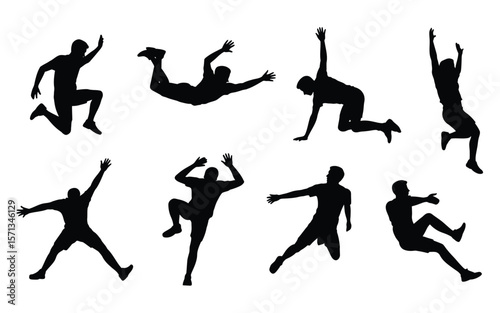 A set of black silhouettes of people performing various dynamic athletic movement